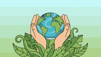 Nurturing hands cradle the vibrant Earth globe, symbolizing environmental protection and care, surrounded by lush green leaves, representing nature's embrace and the importance of ecological balance