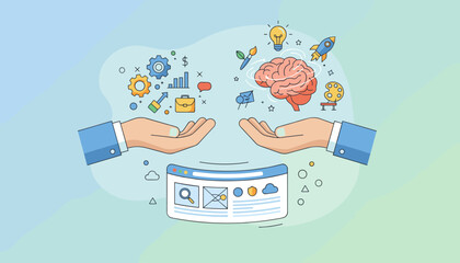 Conceptual illustration of hands offering business strategy and creative ideas, symbolizing innovation, growth, and project development with icons of gears, charts, brain, lightbulb, rocket, and art