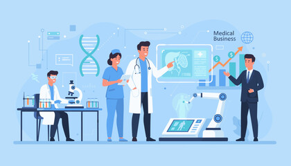 Modern medical business concept with doctors and scientists collaborating in a futuristic laboratory, analyzing DNA, patient data on screens, and robotic arms, symbolizing innovation and growth in