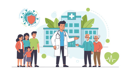 Vibrant illustration of a friendly doctor in a white coat with a stethoscope, standing in front of a modern hospital building, welcoming a diverse group of patients including a young family and an