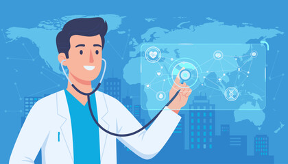 A smiling male doctor in a white lab coat and blue scrubs, wearing a stethoscope, interacts with a futuristic holographic interface displaying medical icons and data, set against a backdrop of a