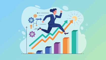 Dynamic illustration of a determined businesswoman in a suit energetically running up a rising graph, symbolizing overcoming obstacles and achieving success on her career journey, with gears and sun