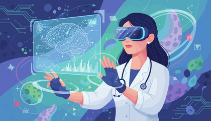 Innovative medical technology concept featuring a female doctor wearing VR goggles, interacting with a holographic brain scan and data visualizations, symbolizing advancements in healthcare and
