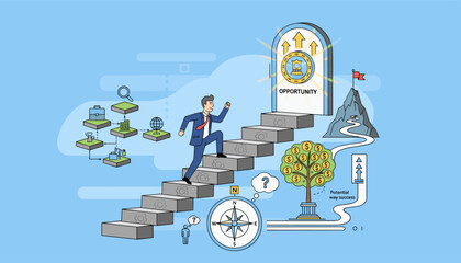 A businessman climbs stairs towards an open door labeled OPPORTUNITY, symbolizing career growth and success, with elements like a money tree, compass, and business icons representing the journey and