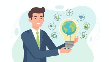 Net-zero and carbon-neutral concept: Businessman holding a lightbulb with Earth inside, surrounded by icons of renewable energy, recycling, and CO2 reduction, symbolizing environmental sustainability