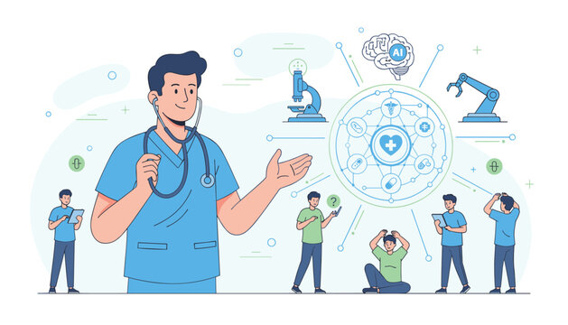 Modern healthcare concept with a doctor holding a stethoscope, surrounded by icons representing AI, robotics, research, and patient care, illustrating the integration of technology in medicine and