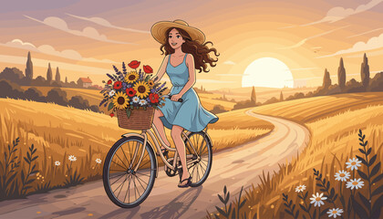 A joyful woman with long brown hair, wearing a blue sundress and a wide-brimmed straw hat, rides a vintage bicycle along a country road, her basket overflowing with a vibrant bouquet of sunflowers