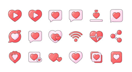 Collection of modern flat icons with hearts and social media symbols, perfect for digital design, user interface elements, and online communication platforms, featuring play buttons, chat bubbles