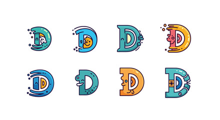 Set of eight unique, stylized letter D designs with playful cartoon faces and vibrant, modern color palettes, featuring blue, teal, and orange hues, perfect for branding, educational materials, or