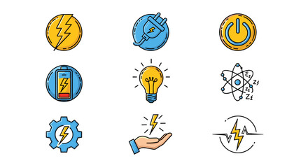 Set of nine flat design icons representing energy and technology concepts, including lightning bolts, a power plug, a light bulb, a battery, an atom, a gear, a hand holding electricity, a power