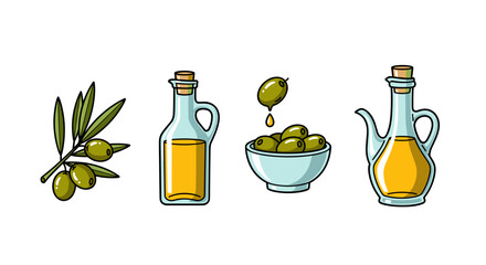 Vibrant illustration of fresh green olives on a branch, a bowl of olives with one dripping oil, and two elegant glass bottles filled with golden olive oil, perfect for culinary and health-related