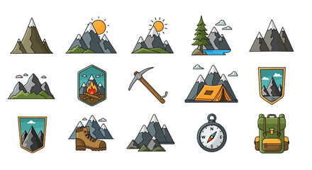 Collection of vibrant, stylized vector icons representing outdoor adventure and mountain exploration, including snow-capped peaks, camping tents, campfires, hiking boots, backpacks, compasses, and