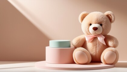 cute teddy bear podium in soft pastel tones perfect for a cozy display with ample space for customization