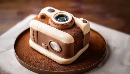 creamy brown camera shaped cake dessert photography prop