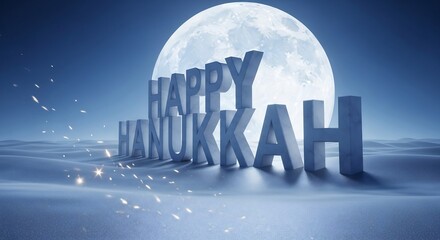 Hanukkah greeting card design with 3D text 'Happy Hanukkah' against a full moon backdrop. Ideal for holiday promotions, social media posts, and festive invitations.