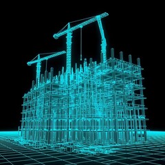Blueprint of building construction with cranes and grid lines in a futuristic neon style art