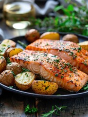 Delicious oven-baked salmon fillet with crispy potatoes and fresh herbs on a rustic kitchen counter