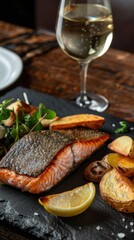 Grilled salmon fillet served with crispy potatoes and fresh greens on a rustic Scandinavian table