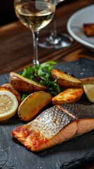 Deliciously grilled salmon fillet served with crispy potato wedges and fresh greens