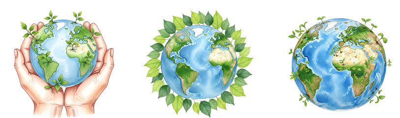 Earth day concept save the planet ecology environment go green nature protection globe with leaves hands art on transparent background