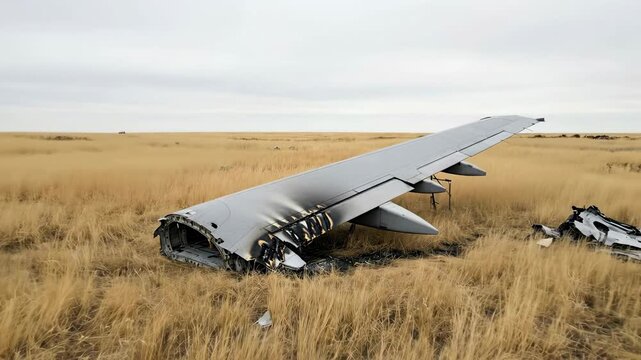 Airplane wing wreckage with fire damage resting in a field, showing aviation incident aftermath and disaster site footage.