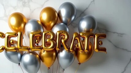 Colorful balloons in gold and silver with the word 'CELEBRATE' displayed prominently. The background is a light marble surface, creating a festive atmosphere. - Powered by Adobe
