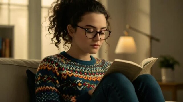Intellectual charm  of a nerdy young woman immersed in the world of thrillers and romantic novels. Generative AI