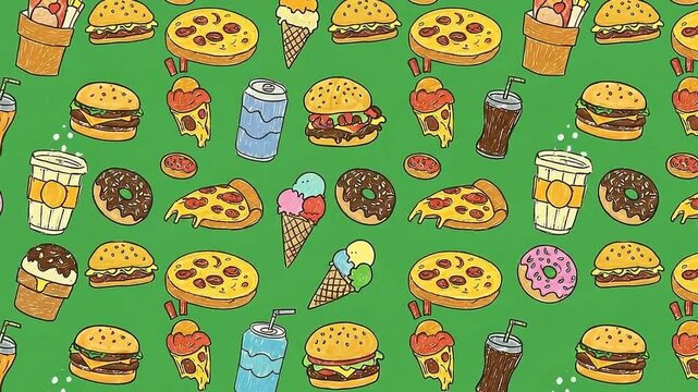 fast food pattern background seamless illustration with burgers pizza slices drinks and donuts on a green backdrop perfect for culinary blogs  menus