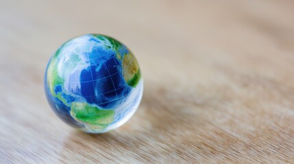 atlas. Miniature globe resting on a wooden surface with soft lighting, representing exploration and global themes. tourism brochures.