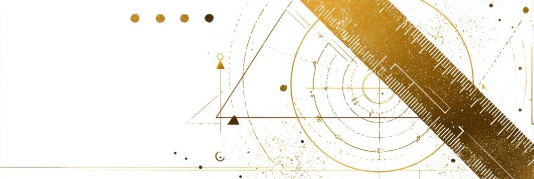 Geometric Design Featuring a Golden Ruler and Abstract Shapes on a White Background