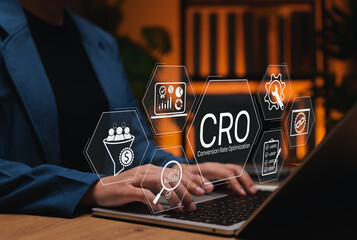 Conversion Rate Optimization (CRO) concept. Digital marketing icons, showing strategy, analytics, funnel, settings, representing online business growth, lead generation, sales performance enhancement