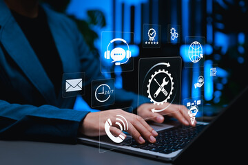 Technical support and customer service concept. Digital icons of tools, headset, 24/7 help, email, chatbot, global access, represent IT support, troubleshooting, live chat, user assistance in business