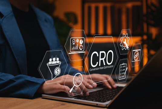 Conversion Rate Optimization (CRO) concept. Digital marketing icons, showing strategy, analytics, funnel, settings, representing online business growth, lead generation, sales performance enhancement