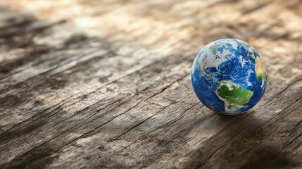 atlas. Miniature globe resting on a wooden surface with soft lighting, representing exploration and global themes. tourism brochures.