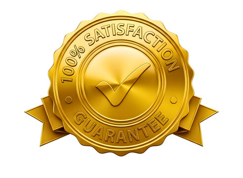 Golden 100 percent satisfaction guarantee seal with laurel wreath isolated on transparent background