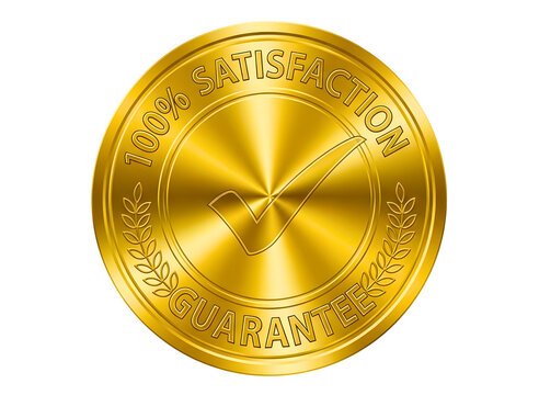 Golden 100 percent satisfaction guarantee seal with laurel wreath isolated on transparent background