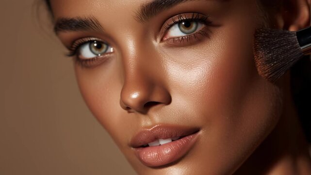 Glowing skin with makeup brush applying bronzer on cheek for natural beauty and soft expression enhancing radiant skin glow