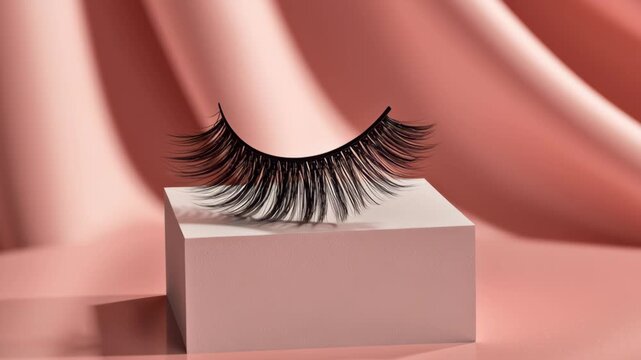 False eyelash beauty accessory pink block with soft silky fabric background, elegant makeup cosmetic look with delicate volume
