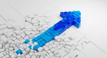 Blue arrow breaking through white cubes representing growth and business success on a clean background