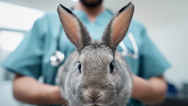 Veterinarian Holding a Cute Gray Rabbit for Examination