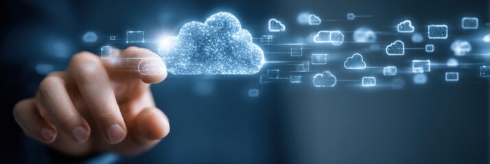 Digital Cloud Interaction With Holographic Data Visuals in Modern Technology Setting