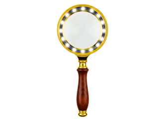 gold handheld magnifying glass with led lights isolated on transparent background