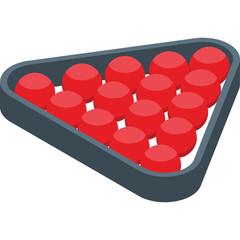 Red billiard balls arranged in a triangle rack on a transparent background