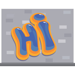 Graffiti Word Hi In Blue And Orange Bubble Letters On A Gray Brick Wall With A Concrete Ledge