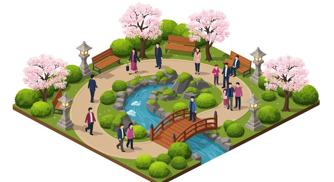Isometric serene botanical garden with cherry blossoms and miniature bridge