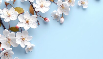 Delicate cherry blossom arrangement on blue background floral artwork nature serene environment close-up view spring aesthetic
