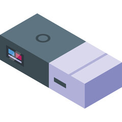 Gray And Light Purple Rectangular Device With Small Screen Display And Circular Button Isolated On White Background