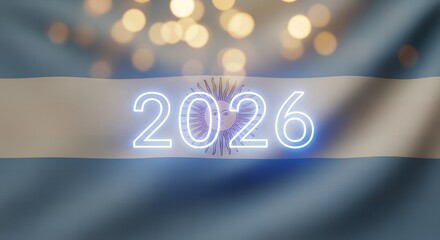 Argentina flag with 2026 neon sign and bokeh lights celebrating the upcoming world cup event