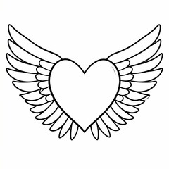 Black and white line art illustration of a heart with angel wings.
