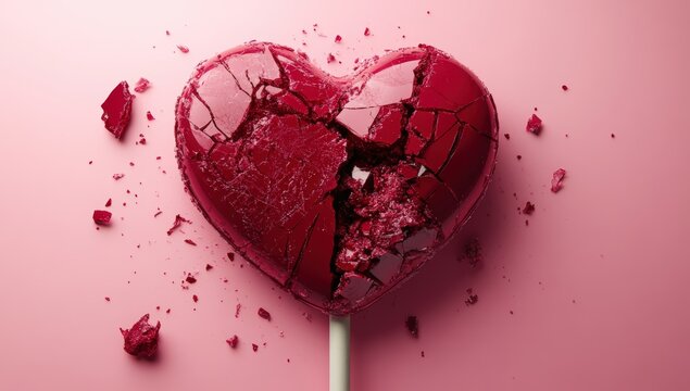A broken heart-shaped lollipop, shattered into pieces, rests on a soft pink background, symbolizing heartbreak and fragility.